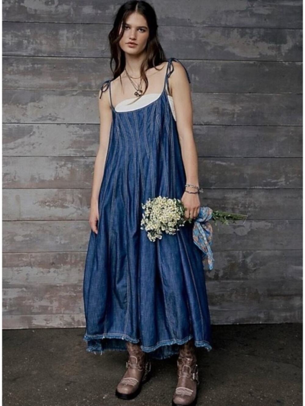 Free People Denim Dreams Midi Maxi Dress in 70s Blue Large Jean Jumper Retro